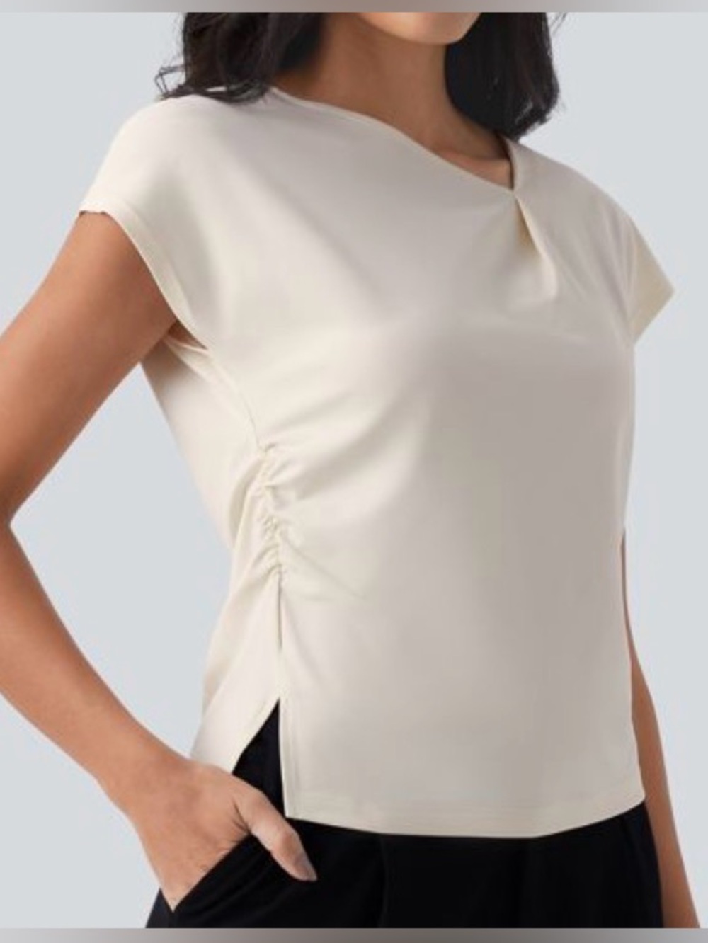 Women's Cream Cap-Sleeve Ruched Side Top